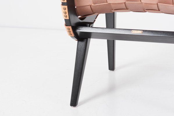 Leather Webbed Lounge Chairs with Ottomans by Jens Risom for