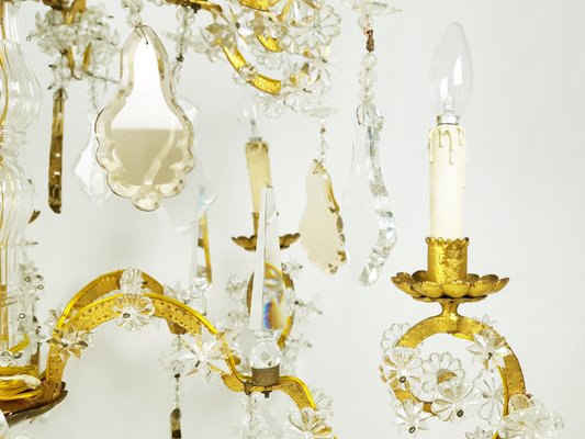 Large Italian Gold Leaf Metal And Faceted Crystal 12 Light Chandelier 1930s For Sale At Pamono