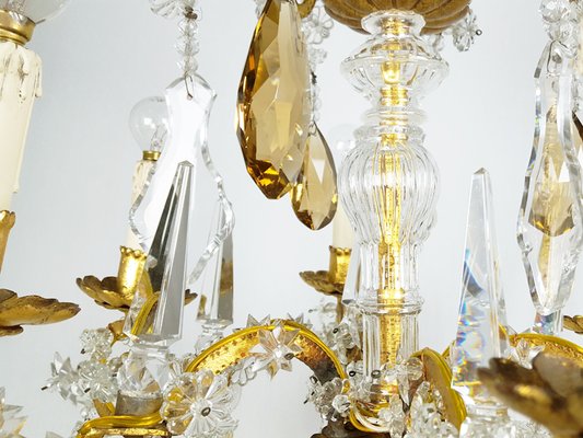 Large Italian Gold Leaf Metal And Faceted Crystal 12 Light Chandelier 1930s For Sale At Pamono