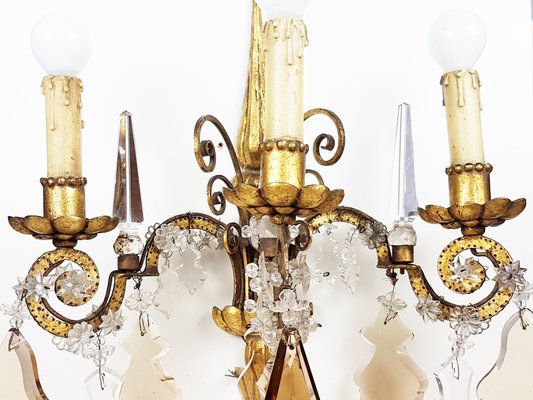 Italian Gold Leaf Metal And Faceted Crystal Sconces With Stars And Obelisks Decor 1930s Set Of 2 For Sale At Pamono