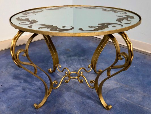 Art Deco French Round Gilded Iron, Antique French Iron Coffee Table