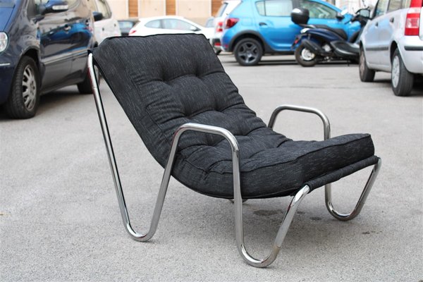 Minimalist Chrome Plated Tubular Metal and Black Fabric Lounge Chair 1970s for sale at Pamono