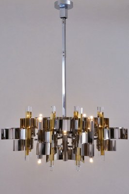 Italian Brass, Chrome and Lucite Model Futura Chandelier by Gaetano Sciolari for Sciolari, 1970s Italian Brass, Chrome and Lucite Model Futura Chandelier by Gaetano Sciolari for Sciolari, 1970s