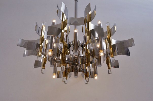 Italian Brass, Chrome and Lucite Model Futura Chandelier by Gaetano Sciolari for Sciolari, 1970s Italian Brass, Chrome and Lucite Model Futura Chandelier by Gaetano Sciolari for Sciolari, 1970s