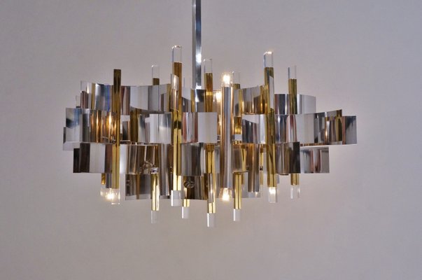 Italian Brass, Chrome and Lucite Model Futura Chandelier by Gaetano Sciolari for Sciolari, 1970s Italian Brass, Chrome and Lucite Model Futura Chandelier by Gaetano Sciolari for Sciolari, 1970s