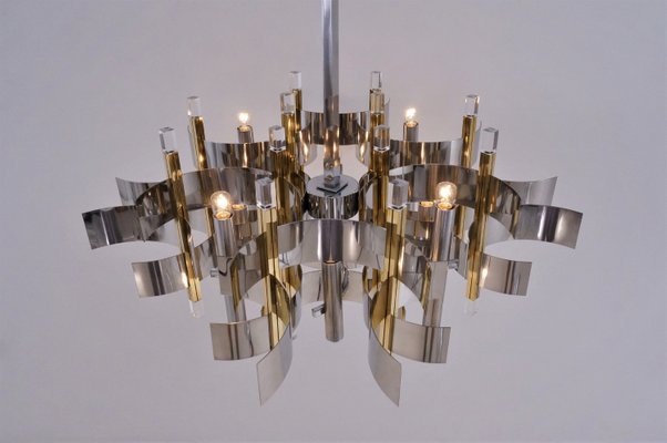 Italian Brass, Chrome and Lucite Model Futura Chandelier by Gaetano Sciolari for Sciolari, 1970s Italian Brass, Chrome and Lucite Model Futura Chandelier by Gaetano Sciolari for Sciolari, 1970s