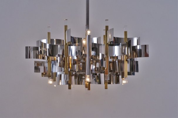 Italian Brass, Chrome and Lucite Model Futura Chandelier by Gaetano Sciolari for Sciolari, 1970s Italian Brass, Chrome and Lucite Model Futura Chandelier by Gaetano Sciolari for Sciolari, 1970s
