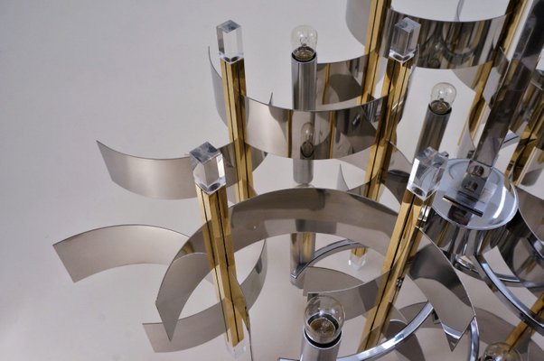 Italian Brass, Chrome and Lucite Model Futura Chandelier by Gaetano Sciolari for Sciolari, 1970s Italian Brass, Chrome and Lucite Model Futura Chandelier by Gaetano Sciolari for Sciolari, 1970s
