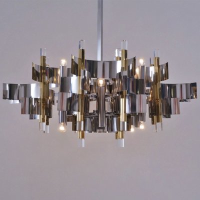 Italian Brass, Chrome and Lucite Model Futura Chandelier by Gaetano Sciolari for Sciolari, 1970s Italian Brass, Chrome and Lucite Model Futura Chandelier by Gaetano Sciolari for Sciolari, 1970s