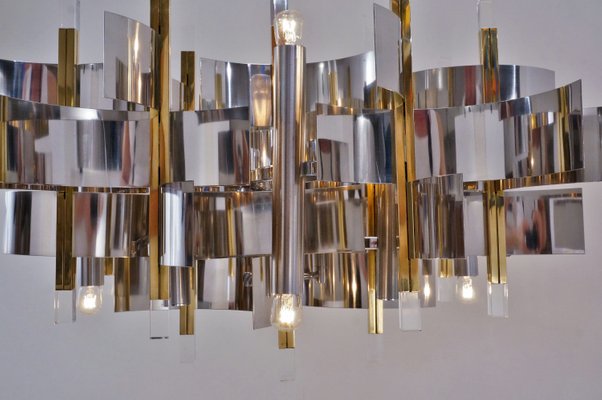 Italian Brass, Chrome and Lucite Model Futura Chandelier by Gaetano Sciolari for Sciolari, 1970s Italian Brass, Chrome and Lucite Model Futura Chandelier by Gaetano Sciolari for Sciolari, 1970s