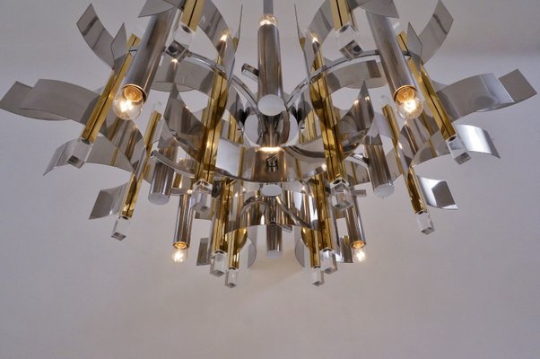 Italian Brass, Chrome and Lucite Model Futura Chandelier by Gaetano Sciolari for Sciolari, 1970s Italian Brass, Chrome and Lucite Model Futura Chandelier by Gaetano Sciolari for Sciolari, 1970s