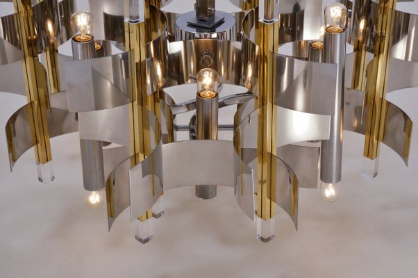 Italian Brass, Chrome and Lucite Model Futura Chandelier by Gaetano Sciolari for Sciolari, 1970s Italian Brass, Chrome and Lucite Model Futura Chandelier by Gaetano Sciolari for Sciolari, 1970s