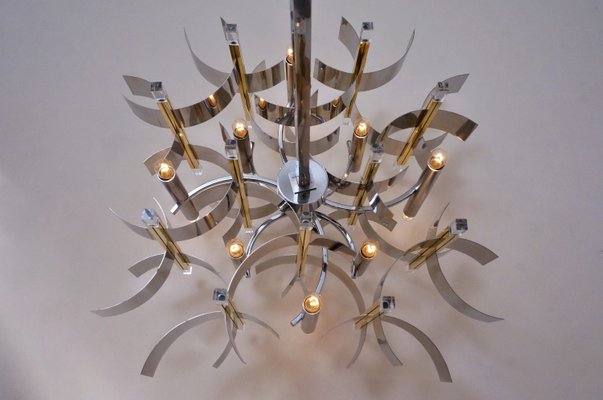 Italian Brass, Chrome and Lucite Model Futura Chandelier by Gaetano Sciolari for Sciolari, 1970s Italian Brass, Chrome and Lucite Model Futura Chandelier by Gaetano Sciolari for Sciolari, 1970s