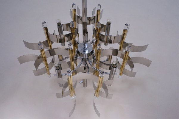 Italian Brass, Chrome and Lucite Model Futura Chandelier by Gaetano Sciolari for Sciolari, 1970s Italian Brass, Chrome and Lucite Model Futura Chandelier by Gaetano Sciolari for Sciolari, 1970s