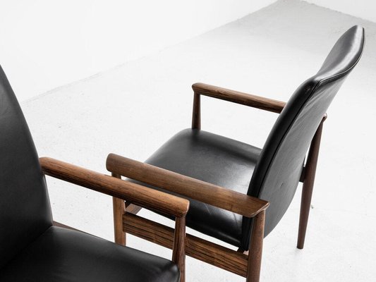 Rosewood High Back Chairs By Finn Juhl, Black Leather High Back Chairs