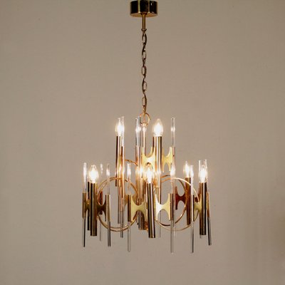 Vintage Brass Chandelier Ceiling Light Fixture Faux Crystal Italian