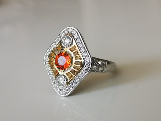 Art Deco Ring White And Yellow Gold 18k With Orange Sapphires And Diamonds For Sale At Pamono