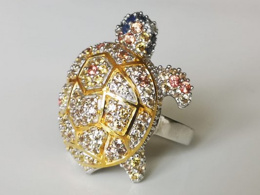 Turtle Ring In 925 1000 Silver Paved With Diamonds And Multi Colored Sapphires For Sale At Pamono