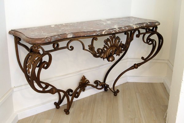 Vintage Gilt Wrought Iron Console Table, Wrought Iron Console Table With Glass Top