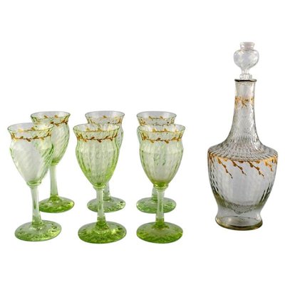 Verres à Vin et Carafe en Verre d'Art par Emile Gallé, Set de 7 en