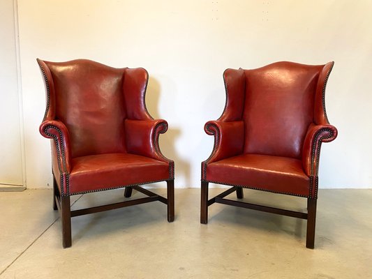 Antique Leather Winged Armchairs Set, Leather Winged Armchair