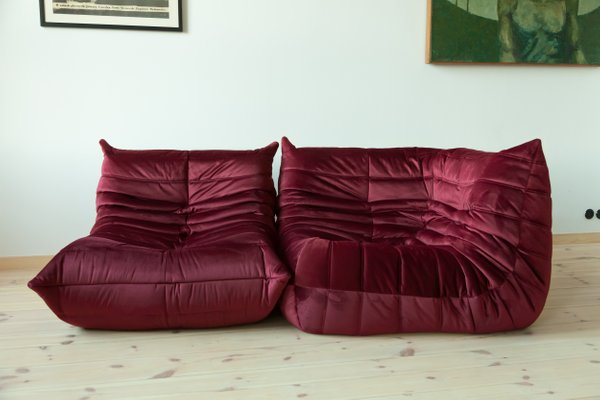 Burgundy Velvet Togo Armchair Corner Set By Michel Ducaroy For Ligne Roset 1970s Set Of 2 For Sale At Pamono
