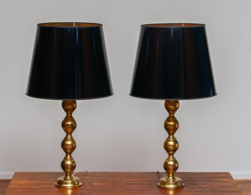 Large Swedish Brass Spherical Table, Brass Buffet Lamps With Black Shades