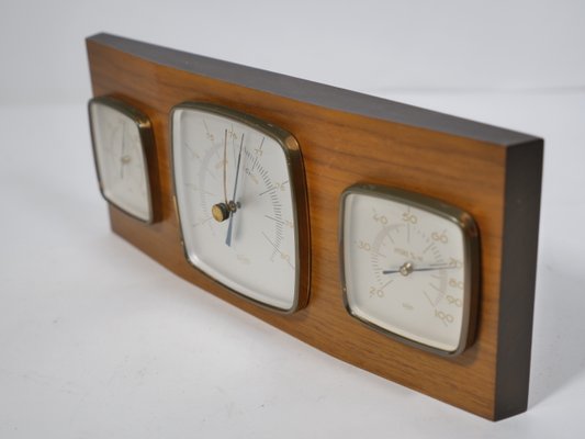 Vintage Teak Weather Station Thermometer Barometer and Hygrometer, 1960s Vintage Teak Weather Station Thermometer Barometer and Hygrometer, 1960s
