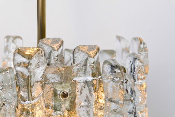 Large Modern 3 Tier Brass and Ice Glass Chandeliers by J.T. Kalmar, 1960s, Set of 2 Large Modern 3 Tier Brass and Ice Glass Chandeliers by J.T. Kalmar, 1960s, Set of 2