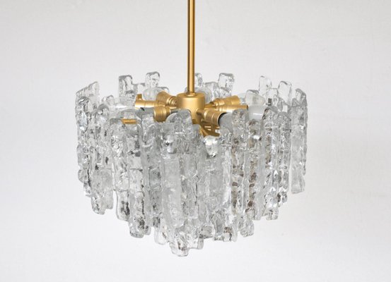 Large Modern 3 Tier Brass and Ice Glass Chandeliers by J.T. Kalmar, 1960s, Set of 2 Large Modern 3 Tier Brass and Ice Glass Chandeliers by J.T. Kalmar, 1960s, Set of 2
