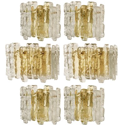 Large Modern 3 Tier Brass and Ice Glass Chandeliers by J.T. Kalmar, 1960s, Set of 2 Large Modern 3 Tier Brass and Ice Glass Chandeliers by J.T. Kalmar, 1960s, Set of 2