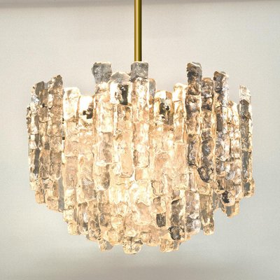 Large Modern 3 Tier Brass and Ice Glass Chandeliers by J.T. Kalmar, 1960s, Set of 2 Large Modern 3 Tier Brass and Ice Glass Chandeliers by J.T. Kalmar, 1960s, Set of 2