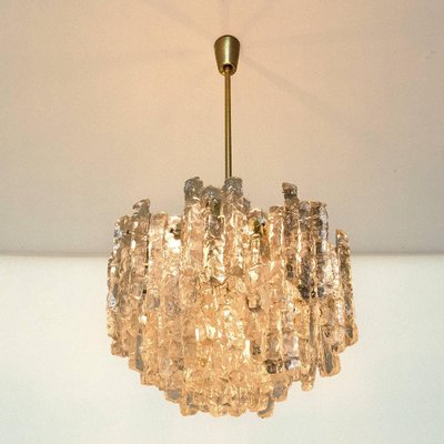 Large Modern 3 Tier Brass and Ice Glass Chandeliers by J.T. Kalmar, 1960s, Set of 2 Large Modern 3 Tier Brass and Ice Glass Chandeliers by J.T. Kalmar, 1960s, Set of 2