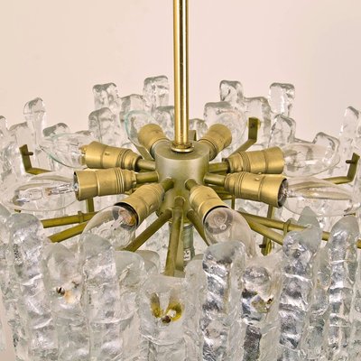 Large Modern 3 Tier Brass and Ice Glass Chandeliers by J.T. Kalmar, 1960s, Set of 2 Large Modern 3 Tier Brass and Ice Glass Chandeliers by J.T. Kalmar, 1960s, Set of 2