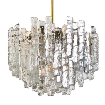 Large Modern 3 Tier Brass and Ice Glass Chandeliers by J.T. Kalmar, 1960s, Set of 2 Large Modern 3 Tier Brass and Ice Glass Chandeliers by J.T. Kalmar, 1960s, Set of 2