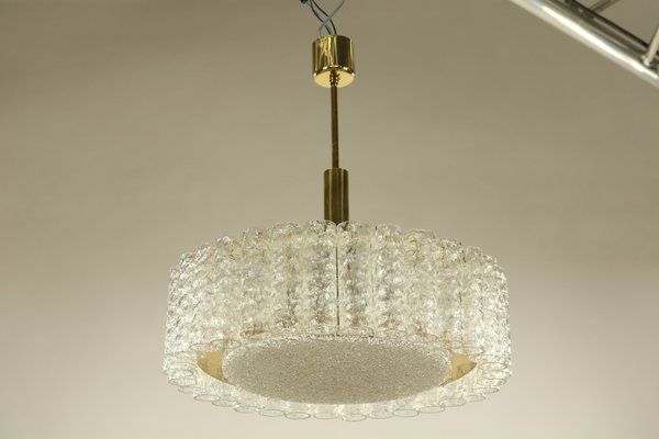 Vintage Glass And Brass Drum Shape, Crystal And Brass Drum Chandelier
