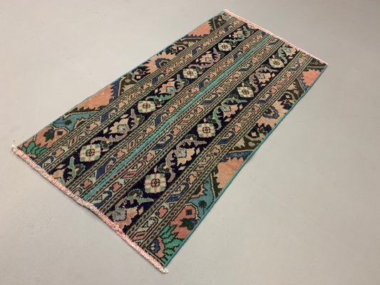 Small Vintage Turkish Distressed Green, Turquoise And Brown Runner Rug