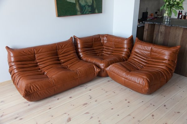 Whiskey Brown Leather Togo Corner, Brown Leather Sleeper Sofa Set