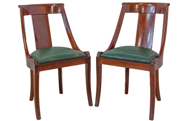 French Empire Green Leather Chairs Set, French Empire Style Dining Chairs