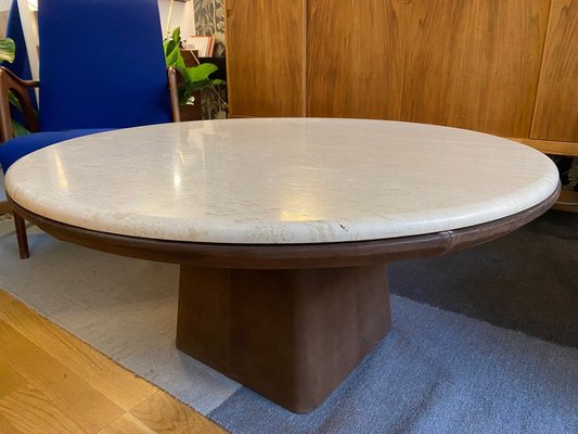 Vintage Travertine Leather Coffee Table, Vintage Round Leather Top Coffee Table