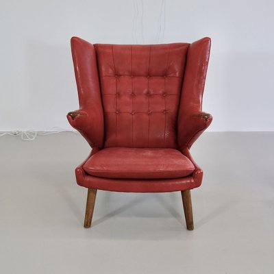 Red Leather Papa Bear Armchair And Footstool Set By Hans J Wegner