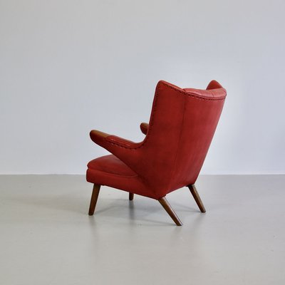 Red Leather Papa Bear Armchair And Footstool Set By Hans J Wegner