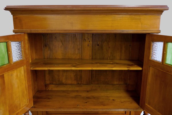 Floral Decorated Cherry Wood Buffet With Colored Glass Inserts