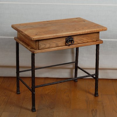 Mid Century Wrought Iron And Oak Side Table By Handmade Industrials For Gilbert Poillerat 1950s For Sale At Pamono