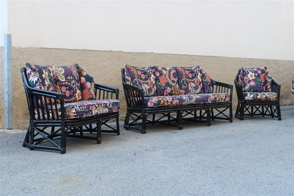 Italian Black Bamboo Floral Fabric Lounge Chair from Vivai del