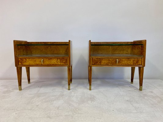 Mid Century Italian Bedside Tables in Burl Wood, 1950s, Set of 2 Mid Century Italian Bedside Tables in Burl Wood, 1950s, Set of 2