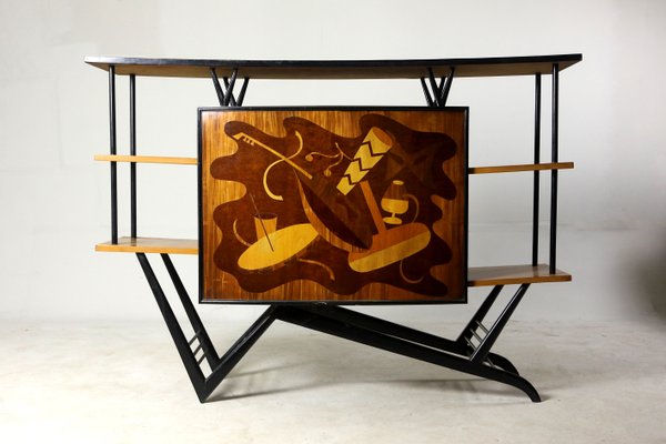Mid Century Modern Musical Theme Marquetry Dry Bar Brazil 1950s