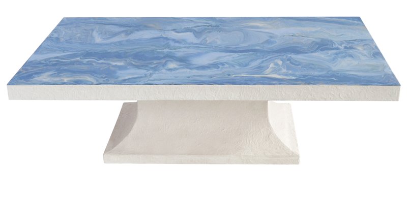 Light Blue Coffee Table with Marble Scagliola Decorated Top White Wooden Base Handmade in Italy from Cupioli
