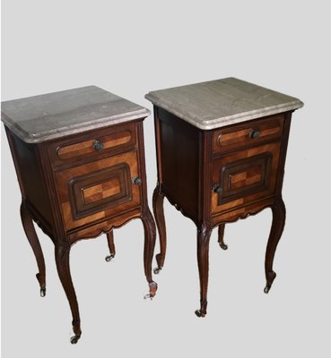 Antique French Nightstands On Castors Mahogany And Beige Marble Top Set Of 2 For Sale At Pamono