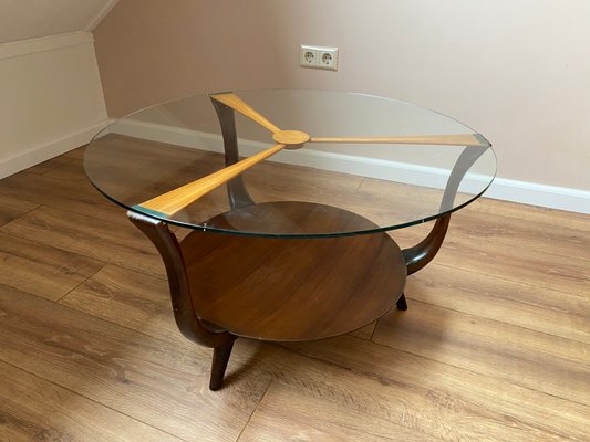 Mid Century Italian Round Ik Wood And, Round Wooden And Glass Coffee Table